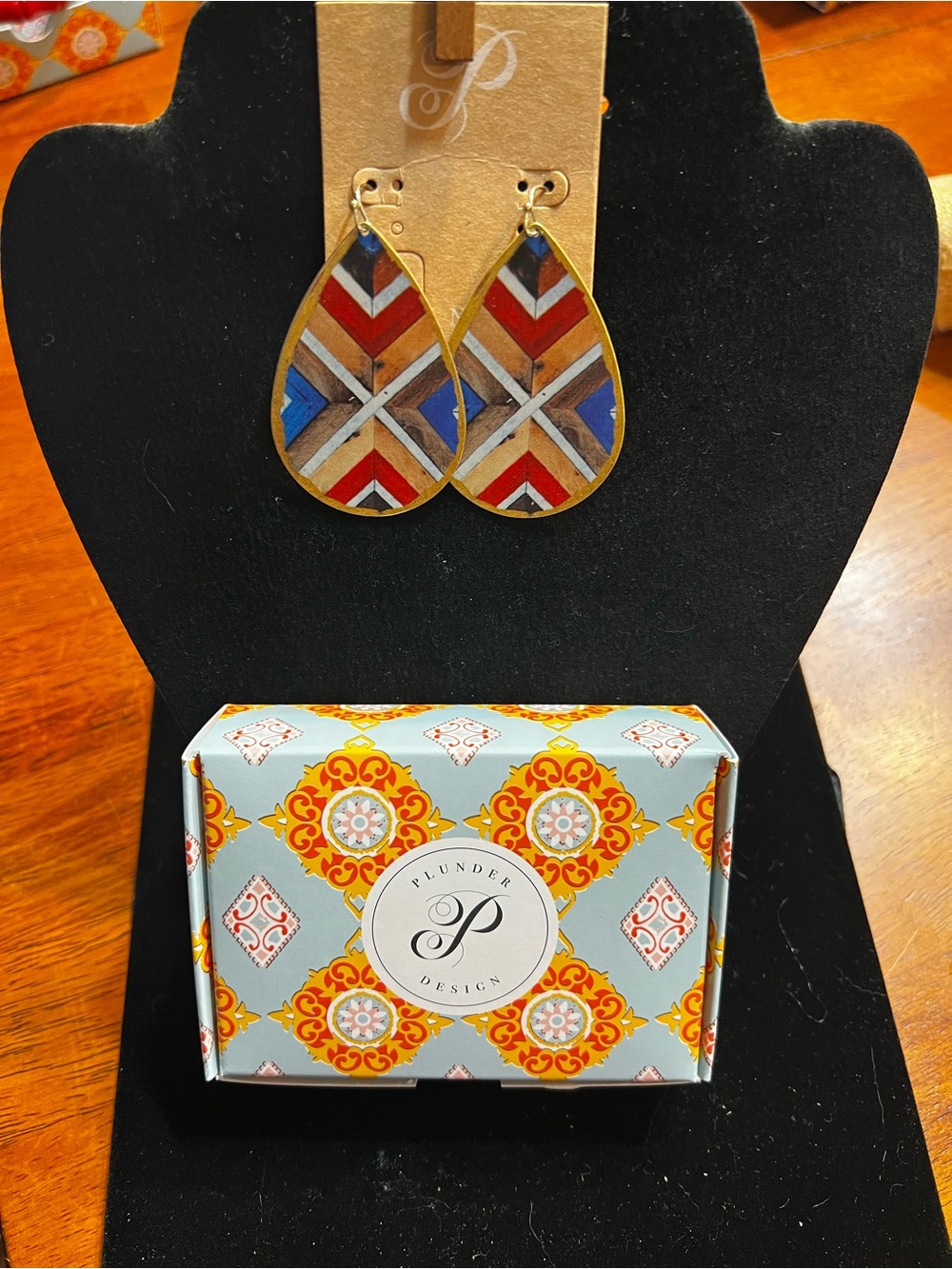 Plunder Red, Blue, Brown & Cream Geometric Teardrop Earrings